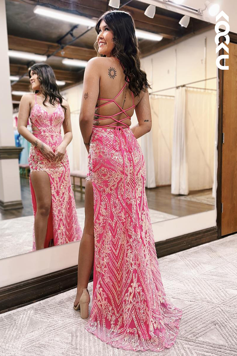 L2737 - Sheath/Column Sequins Charming Spaghetti Straps V-neck Slit Party Prom Dress