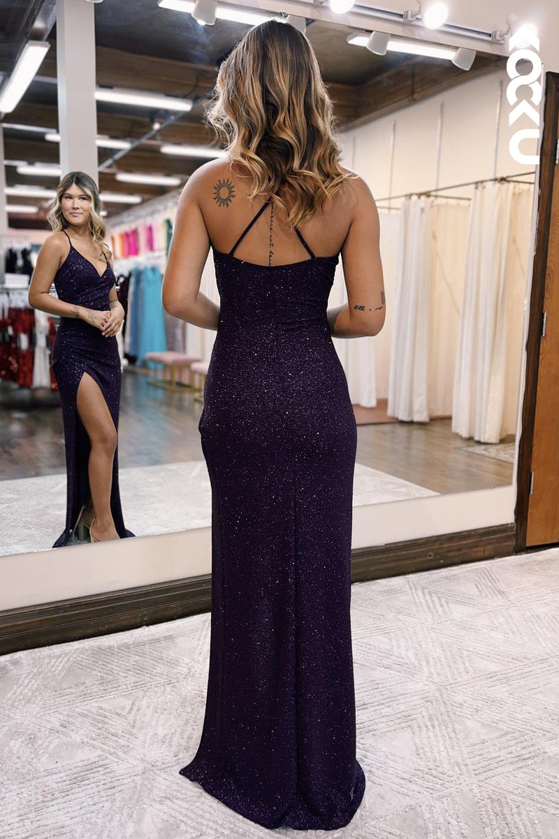 L2623 - Chic & Modern Spagheti straps V-Neck Backless Sheath Slit Party Prom Dress