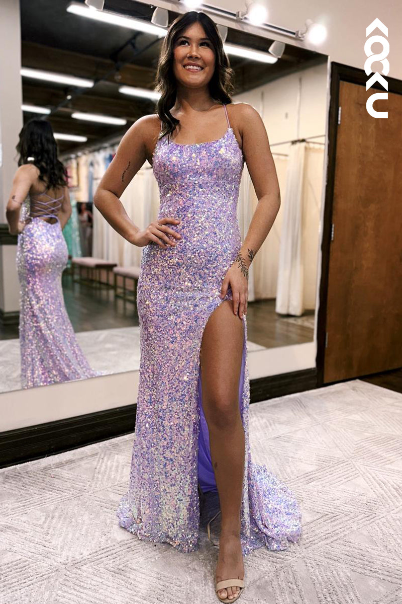 L2231 - Elegant Sheath Sequins Straps Scoop Slit Party Prom Dress