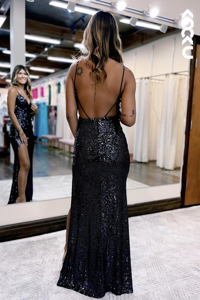 L2860 - Sexy & Hot Spaghetti Straps V-Neck Sequins Sheath Slit Backless Evening Party Prom Dress
