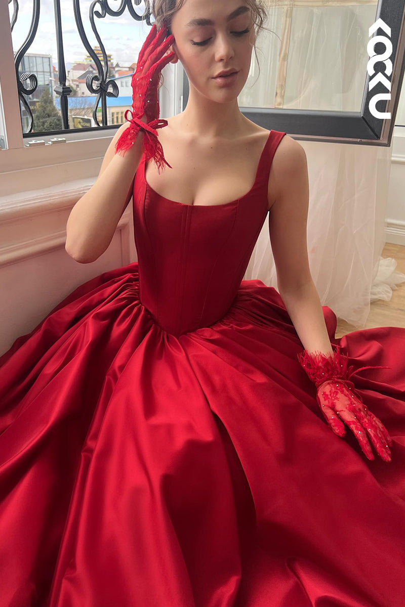 L2742 - Gorgeous & Charming Straps Square A-line Side Slit Ruched Prom Dress