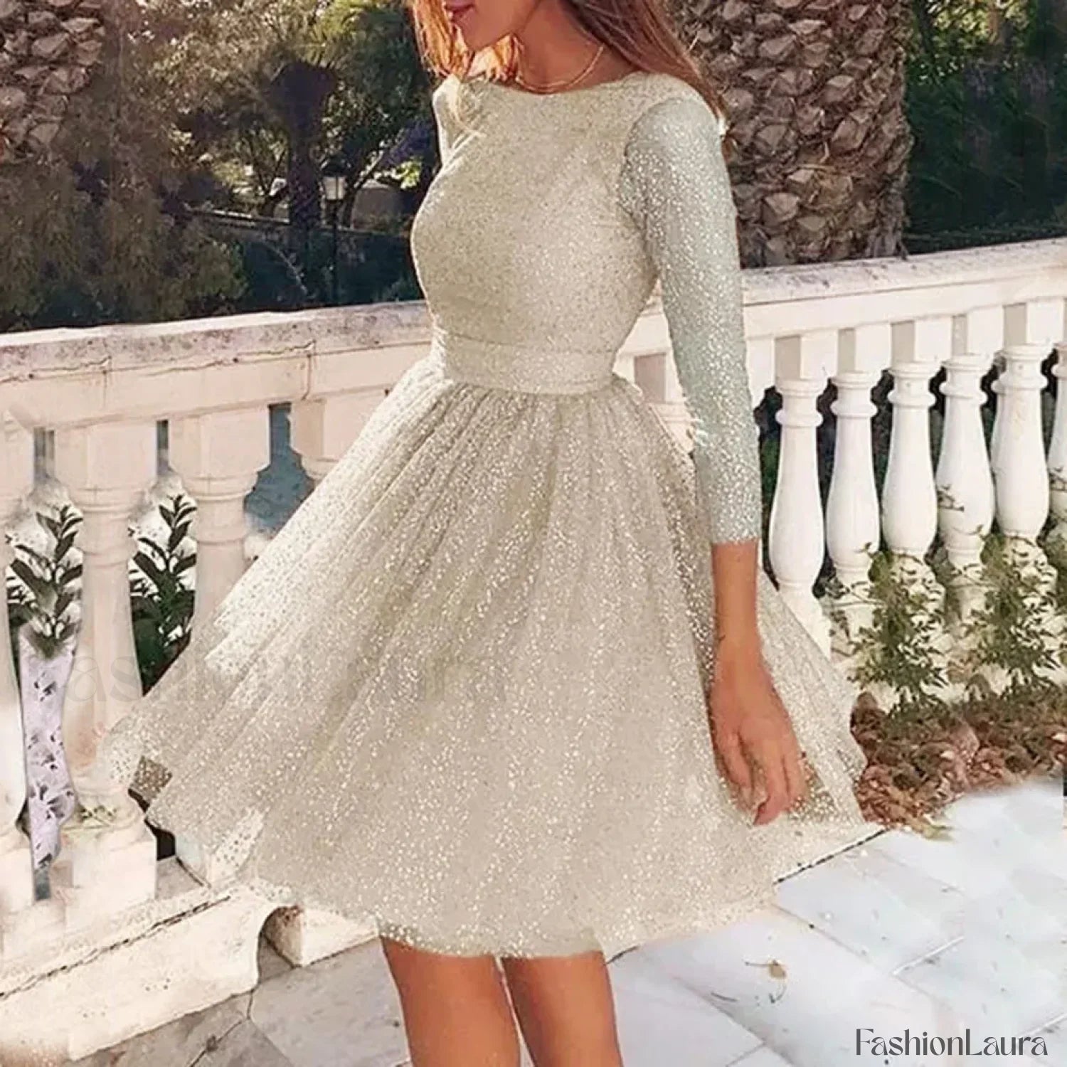 Korean Fashion Mesh Party Summer Long Sleeve Ruched Sequin Gauze Vacation Beach Midi Prom Dress