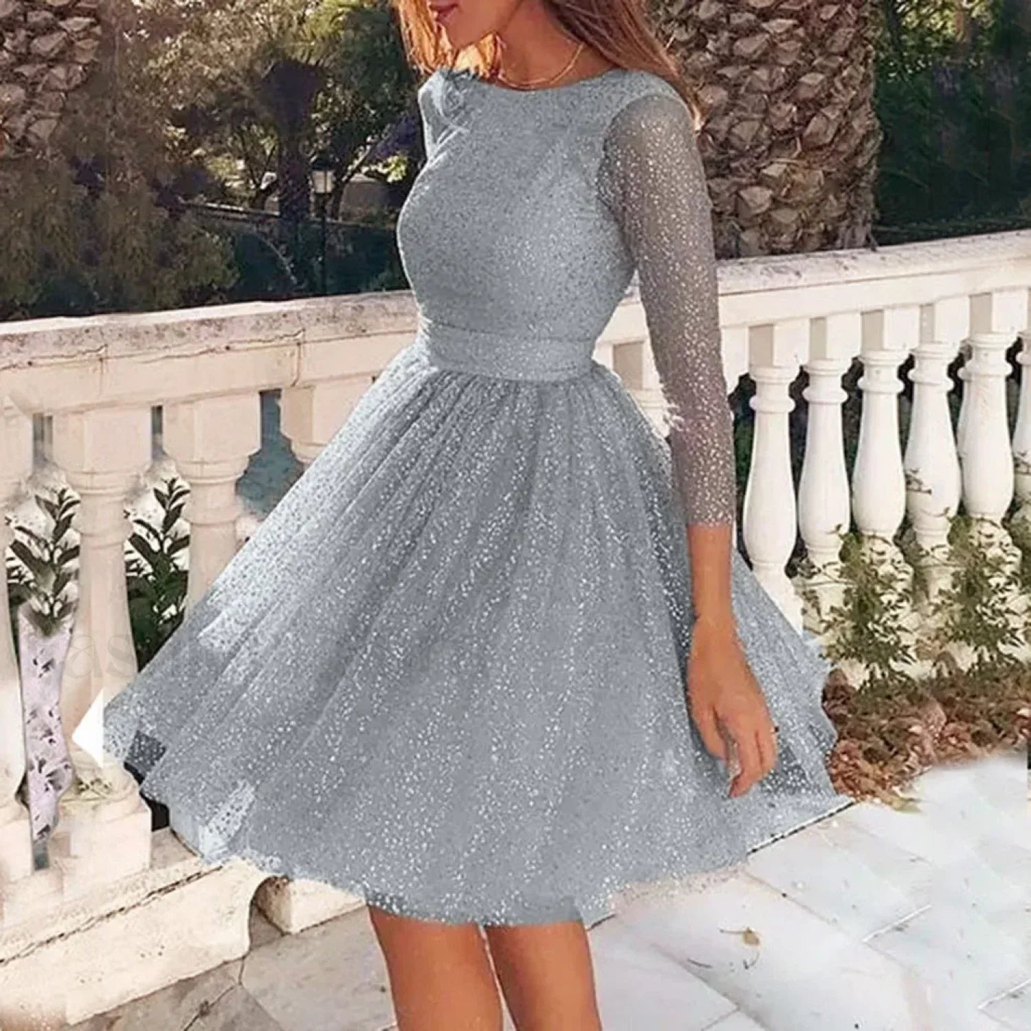 Korean Fashion Mesh Party Summer Long Sleeve Ruched Sequin Gauze Vacation Beach Midi Prom Dress