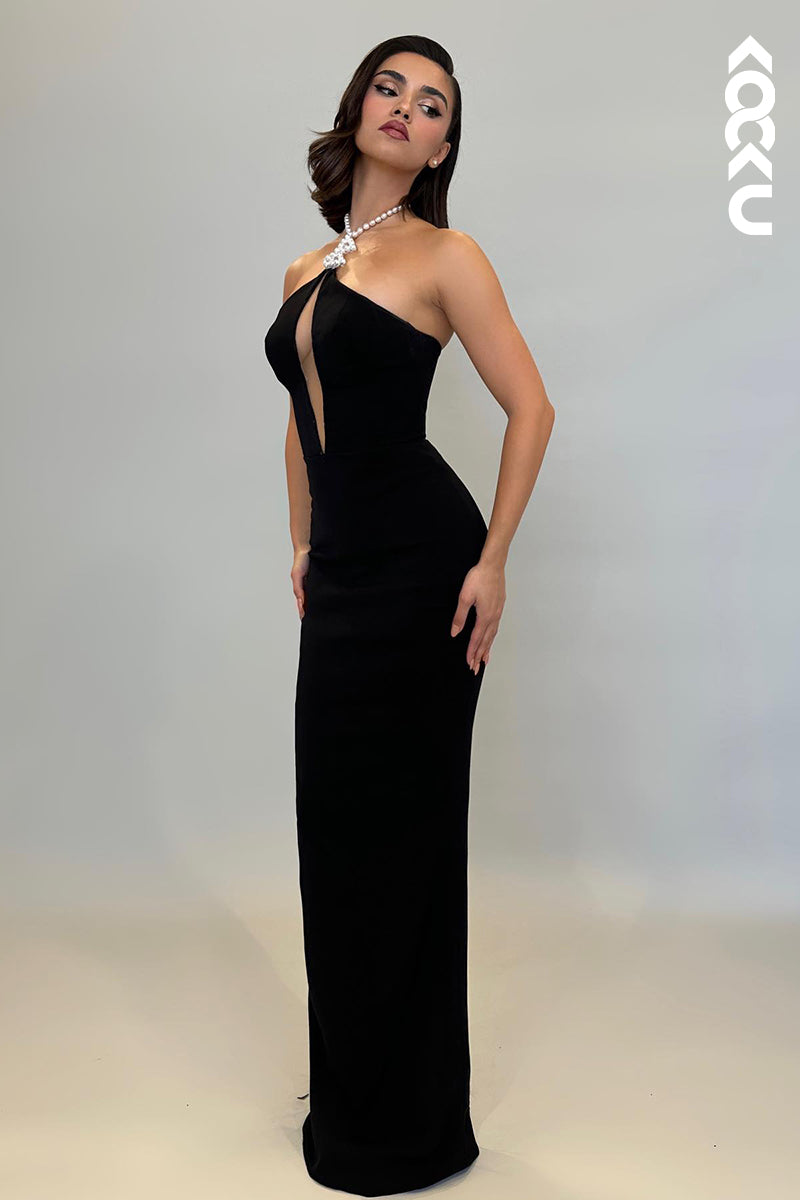 L2194 - Elegant Pearls Halter Sleeveless Sheath Evening Party Prom Dress