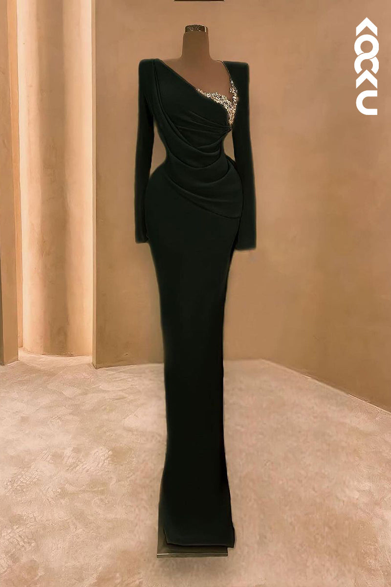 L2193 - Morden V-Neck Sheath Long sleeves Ruched Evening Party Prom Dress With Rhinestone