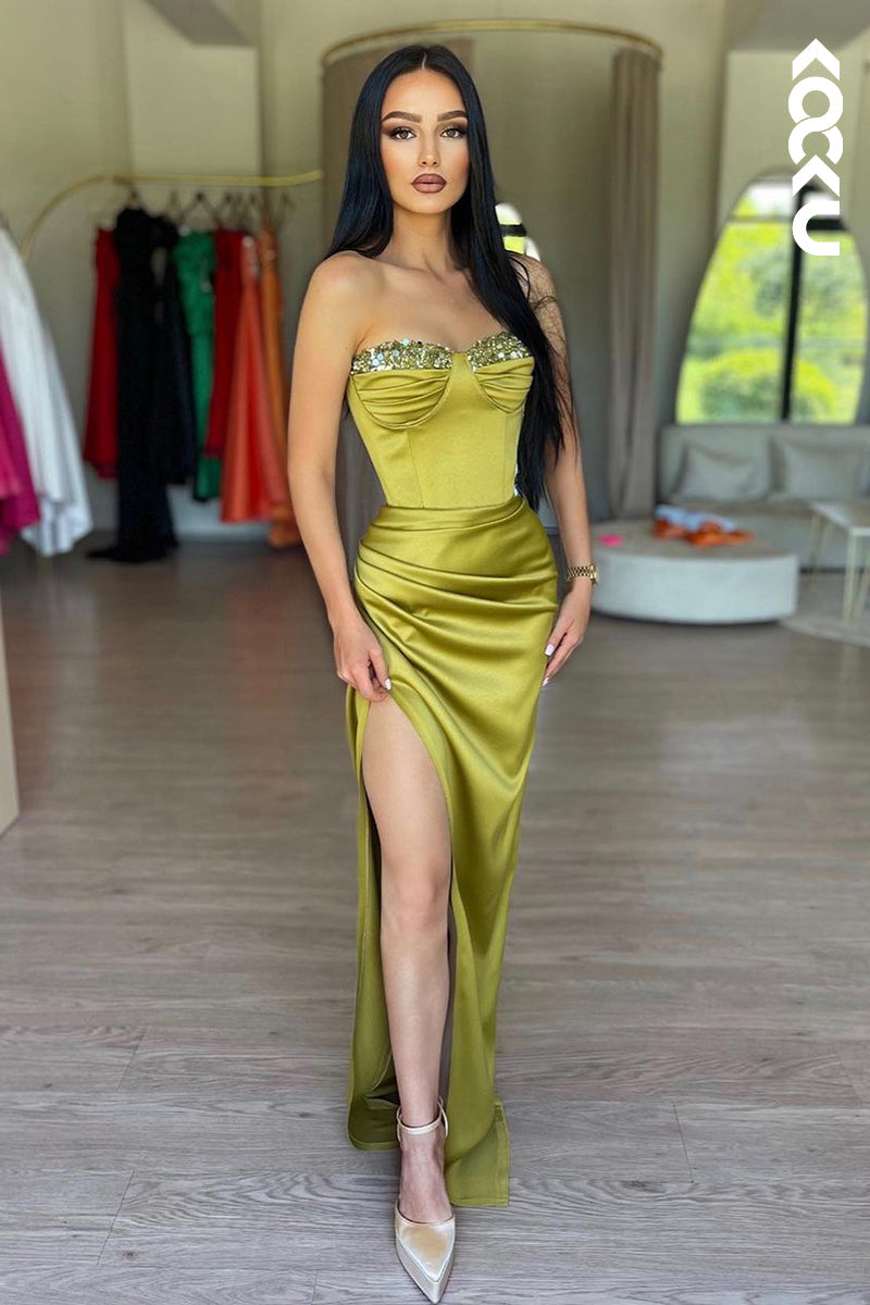 L2189 - Chic & Morden Off-Shoulder Sleeveless Ruched Slit Sheath Prom Dress With Slit