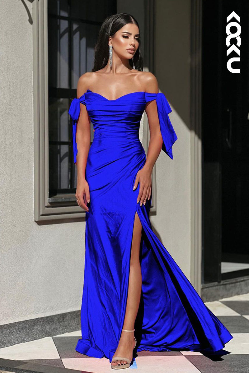 L2176 - Elegant & Morden Ruched Off shoulder Cap Sleeves Side Slit Prom Dress