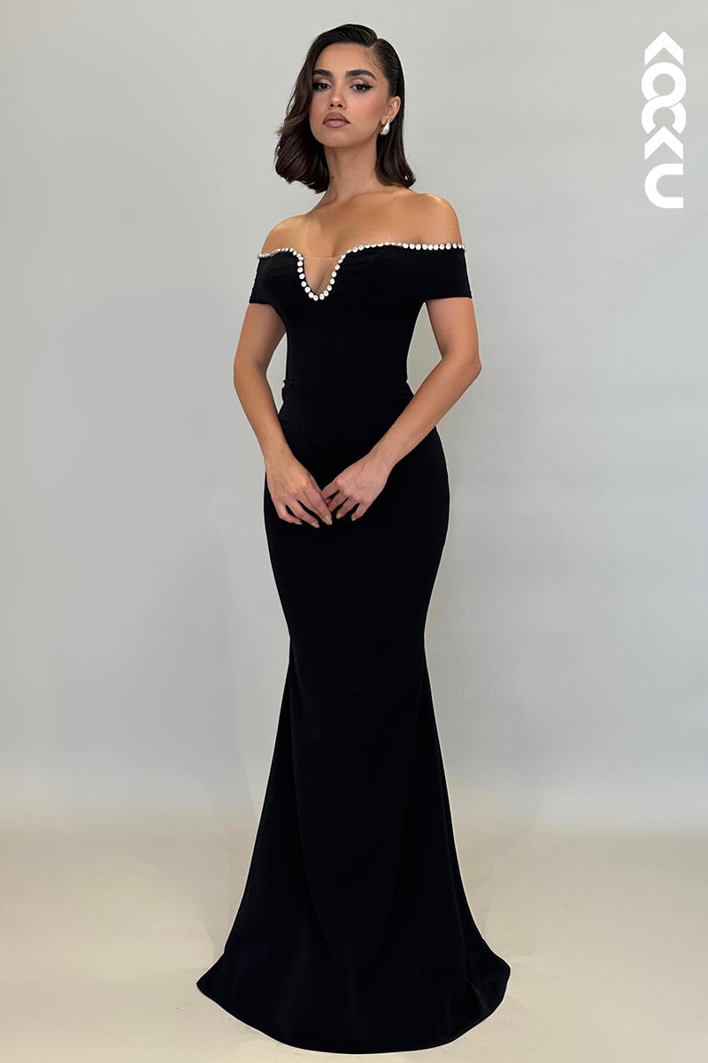 L2182 - Off-Shoulder Cap sleeves Sheath/Trumpet Party Prom Dress