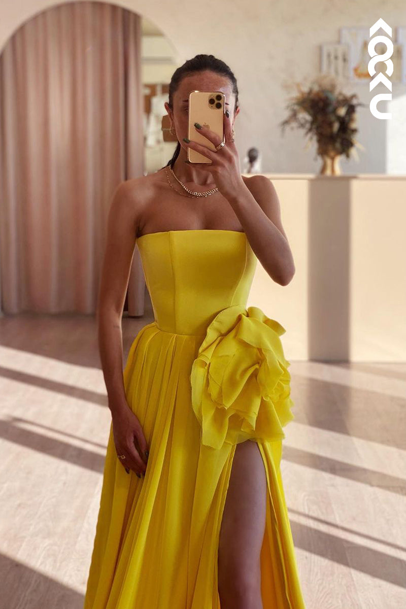 L2184 - Classic Off shoulder Sleeveless Ruched Side Slit Prom Dress With Flower