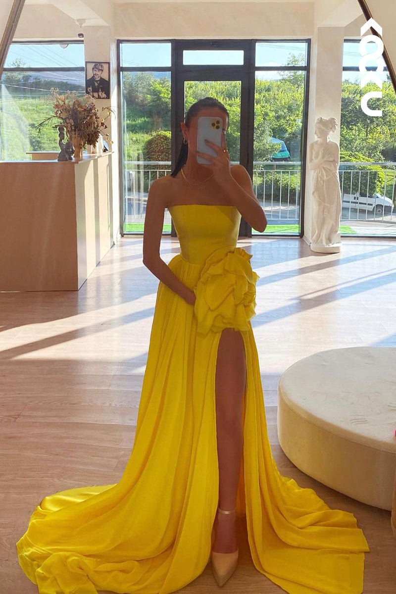 L2184 - Classic Off shoulder Sleeveless Ruched Side Slit Prom Dress With Flower