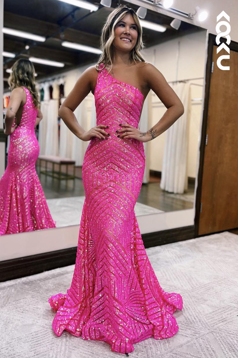 L2204 - One-Shoulder Sleeveless Sequins Mermaid Party Prom Dress
