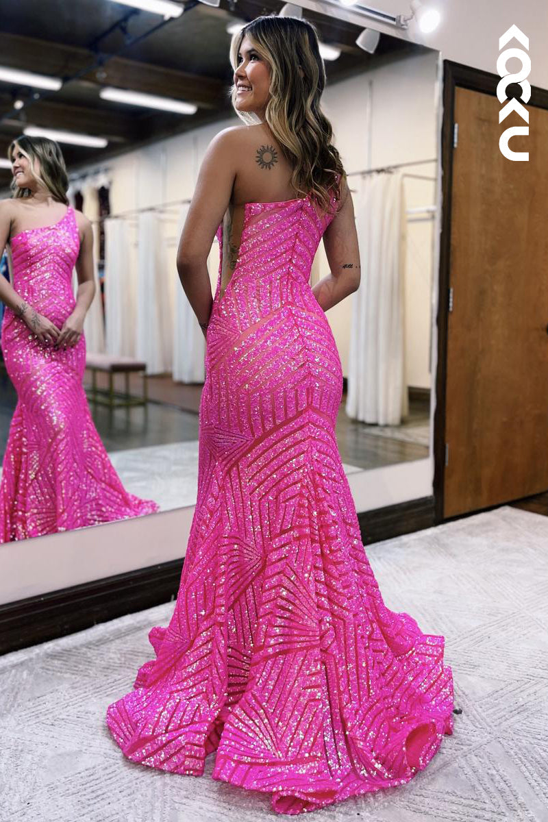 L2204 - One-Shoulder Sleeveless Sequins Mermaid Party Prom Dress