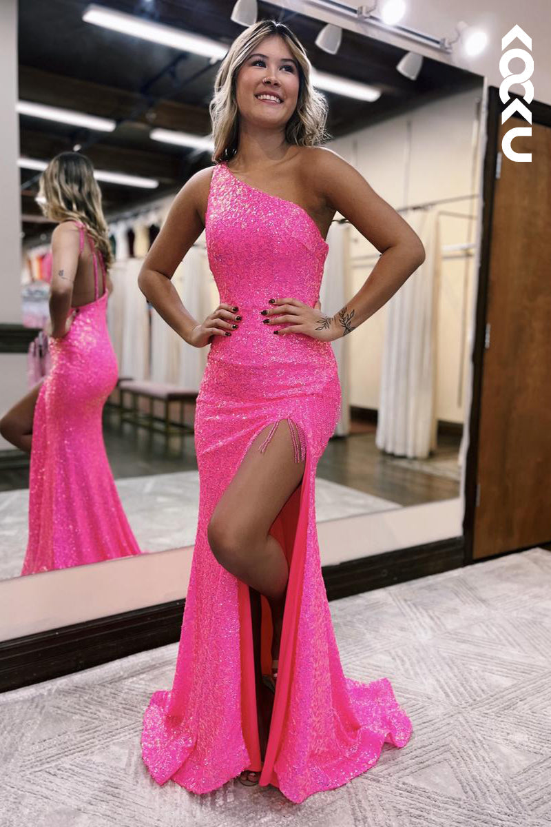 L2212 - Chic One-Shoulder Sleeveless Sequins Side Slit Mermaid Party Prom Dress