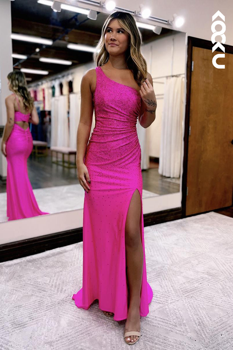 L2205 -Chic&Sparkly One Shoulder Sleeveless Slit Sequis Party Prom Dress