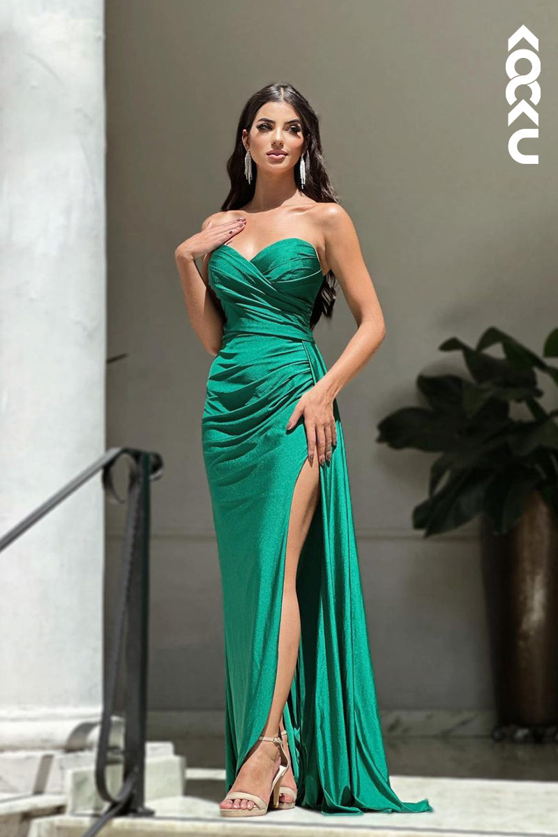 L2178 - Simple & Casual Ruched Sweetheart Sleeveless Side slit Prom Dresss