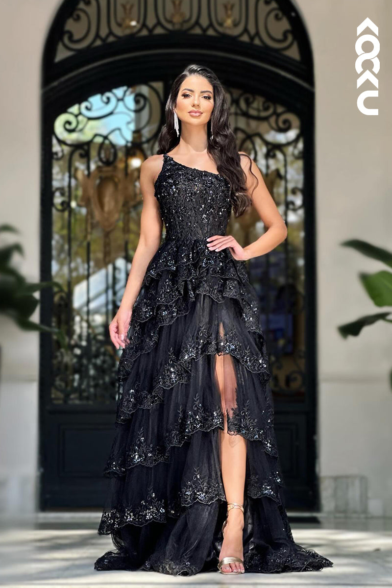 L2505 - Chic & Modern A-Line One Shoulder Floral Emboidered and Beaded Ballgown Party Prom Dress with High Side Slit