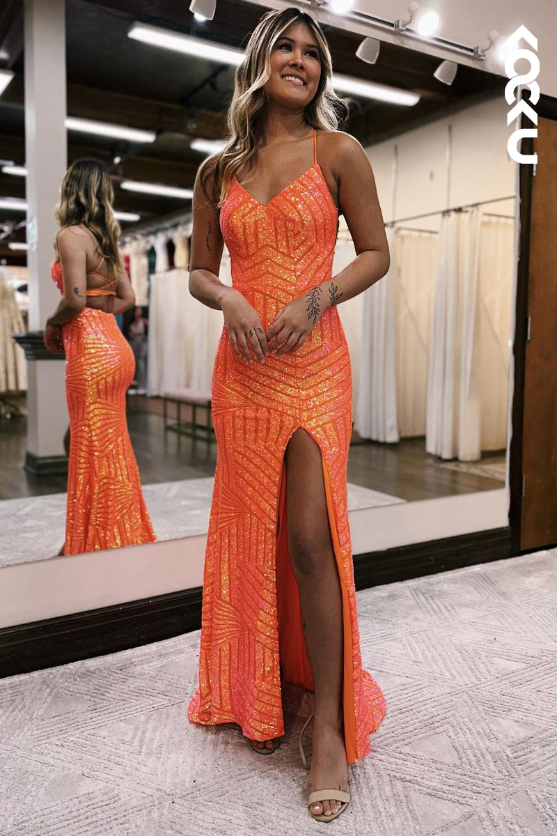 L2211 - V-Neck Spaghetti straps Backless Side Slit Party Prom Dress