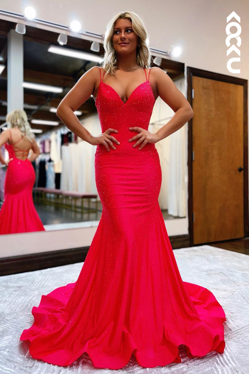 L2210 - Red V-Neck Criss-Cross Straps Mermaid Long Evening Party Prom Dress