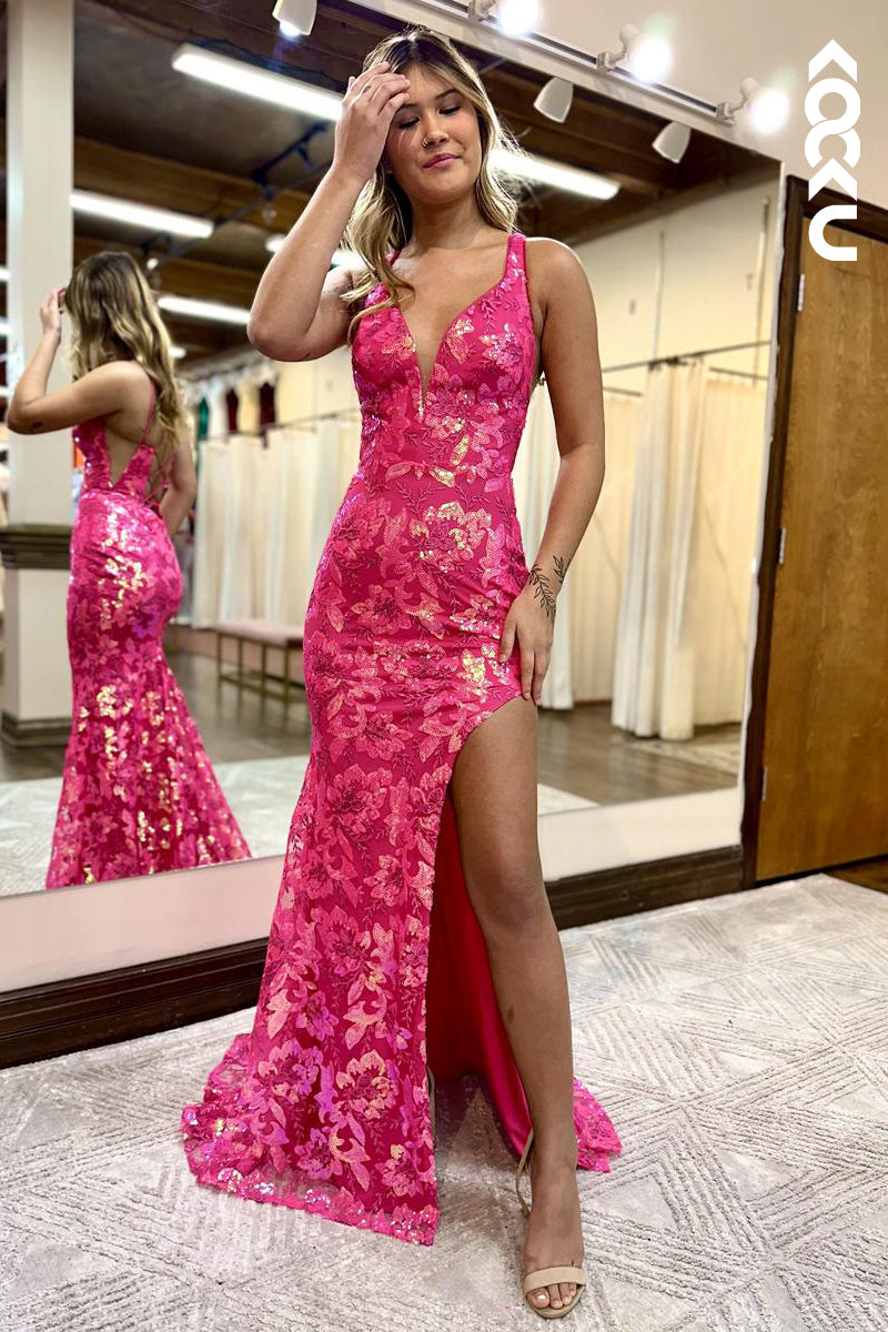 L2208 - V-Neck Straps Side Slit Sheath Long Evening Party Prom Dress