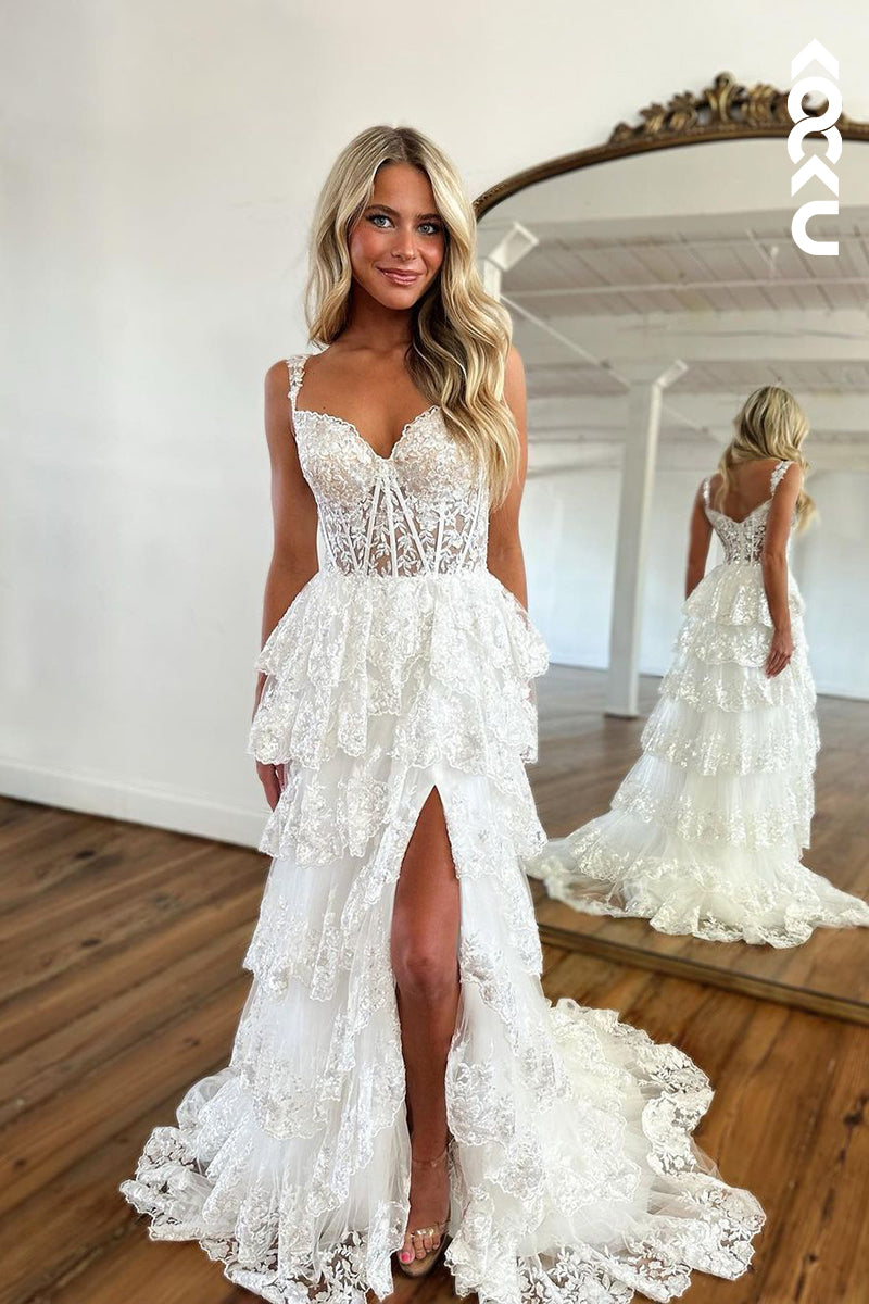 L2196 - Charming Straps V-neck Side Slit Lace Applique Party Prom Dress