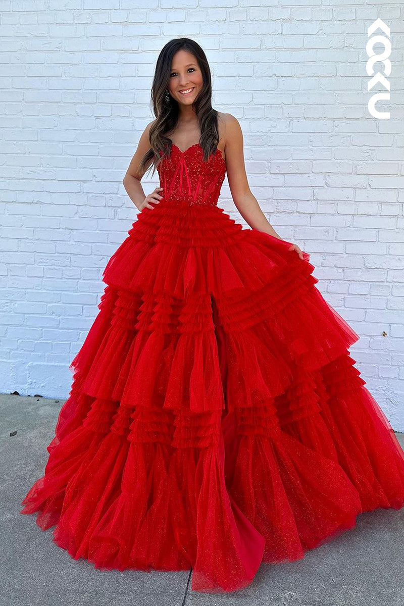 L2386 - Hot Red Off-Shoulder Sleeveless Long A-Line Applique Formal Prom Dress