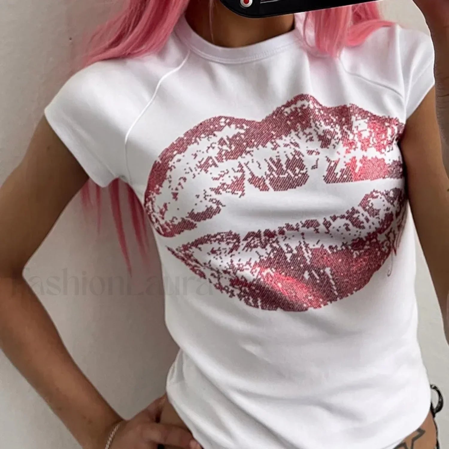 Kpop Y2k Lips Rhinestone 2000s Vintage Baby Tee
