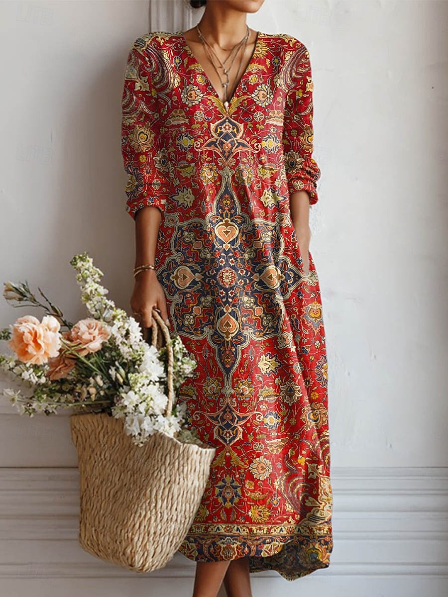 Bohemian Floral Print V-Neck Long Sleeve Maxi Dress
