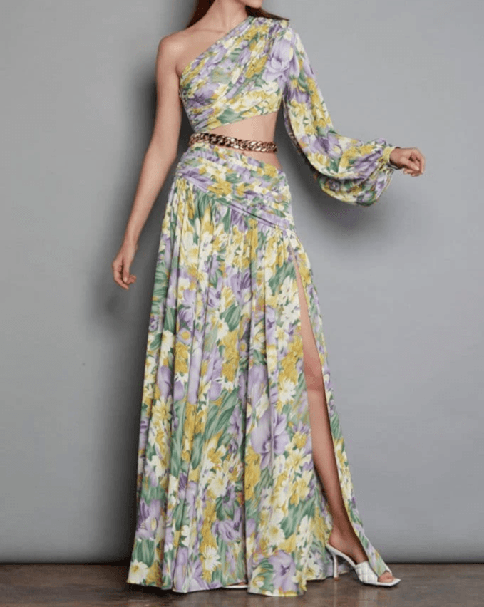 Krissy One Shoulder Chain Embellishment Floral Maxi Dress