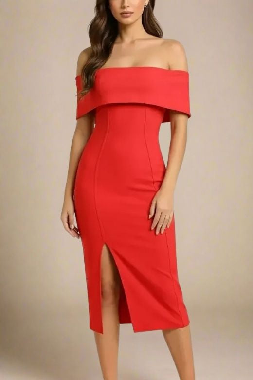 Woman wearing a figure flattering  Kristina Bodycon Dress Dress - Lipstick Red BODYCON COLLECTION