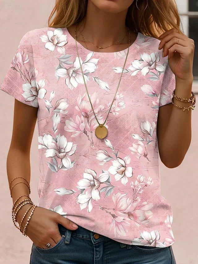 Floral Print Round Neck Short Sleeve Top