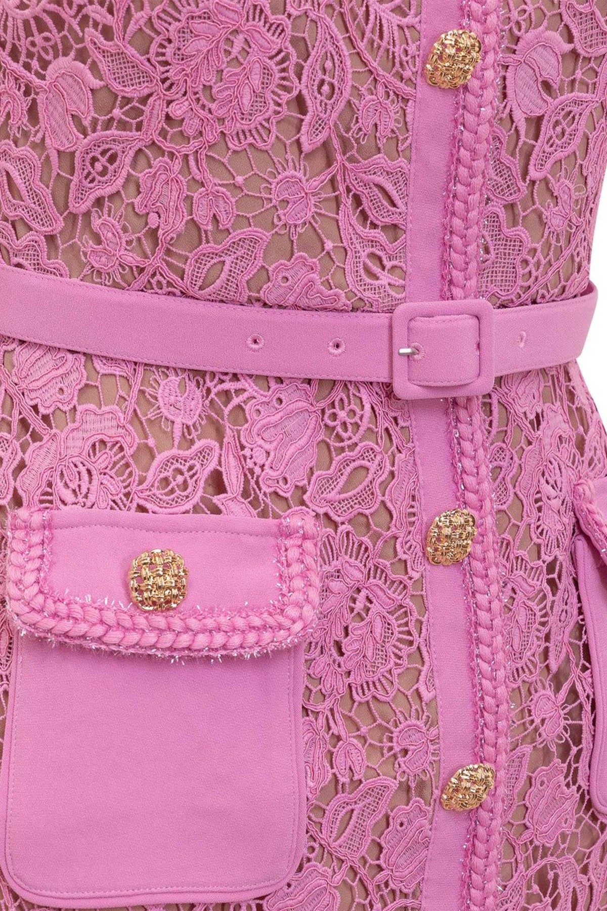 Lace Square Neck Short Sleeve Flap Pocket Jewel Button Belted Midi Dress 10