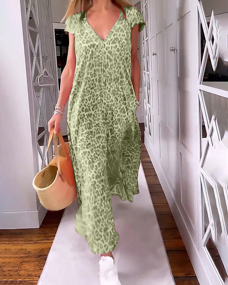 Leopard Print V-Neck Cap Sleeve Maxi Dress