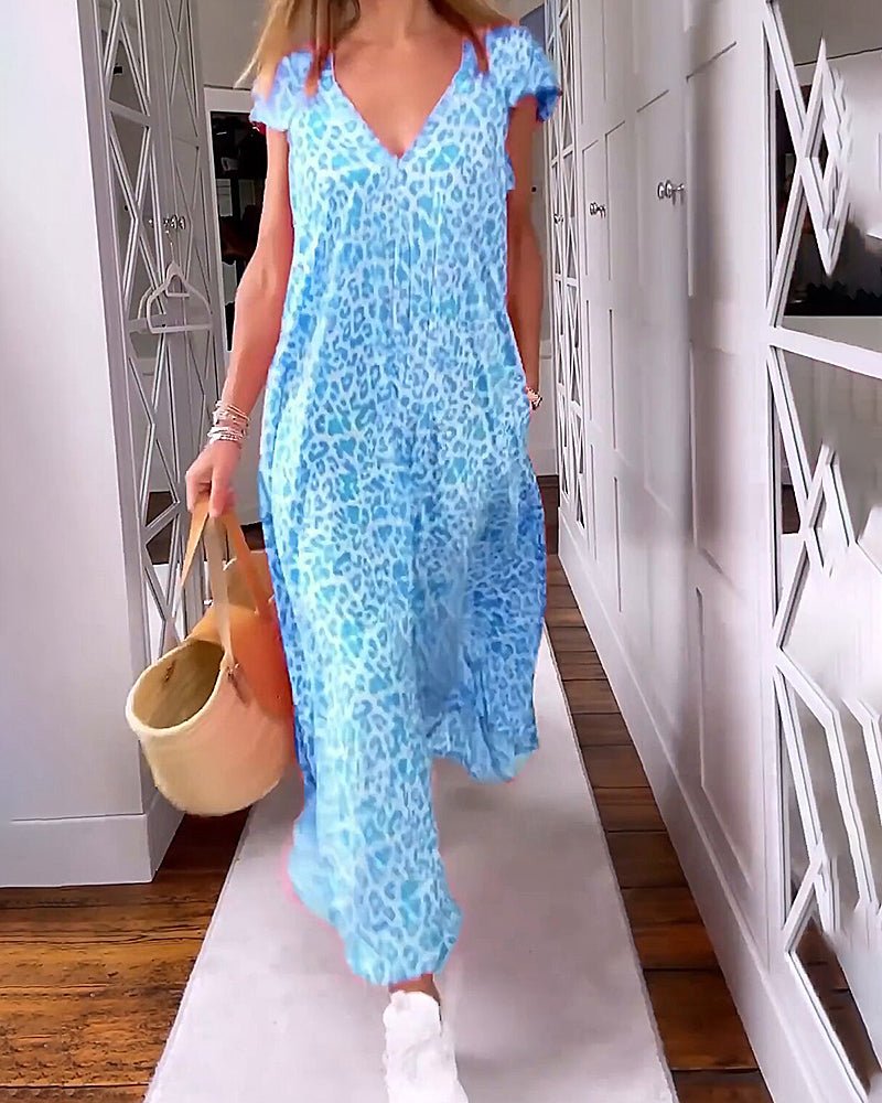 Leopard Print V-Neck Cap Sleeve Maxi Dress