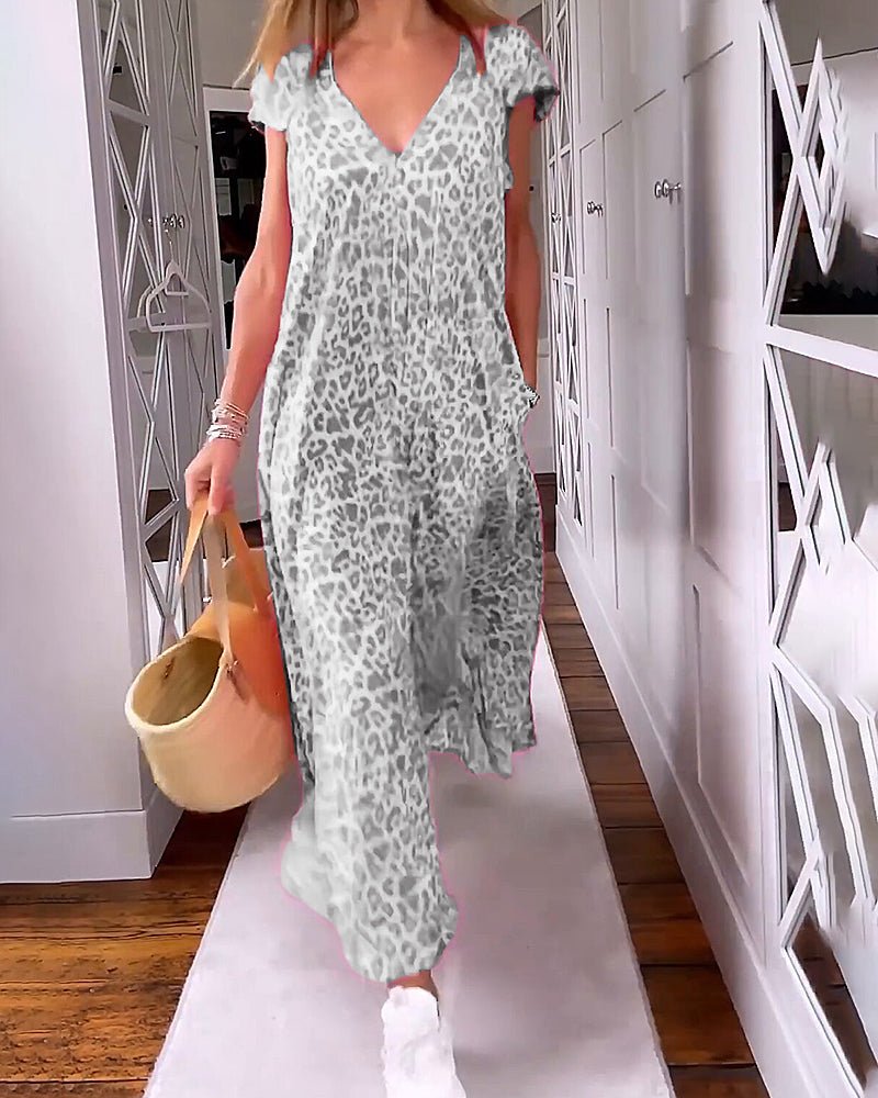 Leopard Print V-Neck Cap Sleeve Maxi Dress