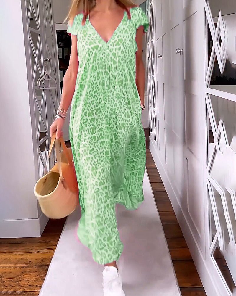 Leopard Print V-Neck Cap Sleeve Maxi Dress