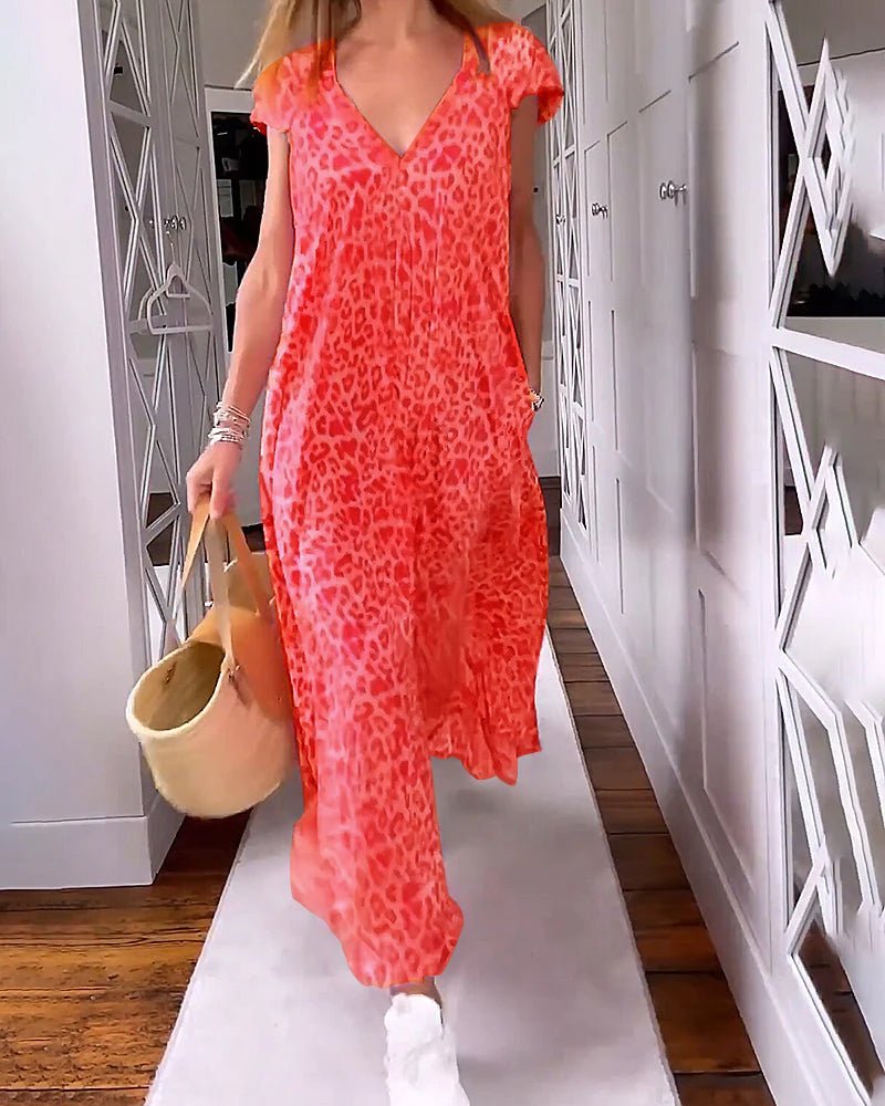 Leopard Print V-Neck Cap Sleeve Maxi Dress