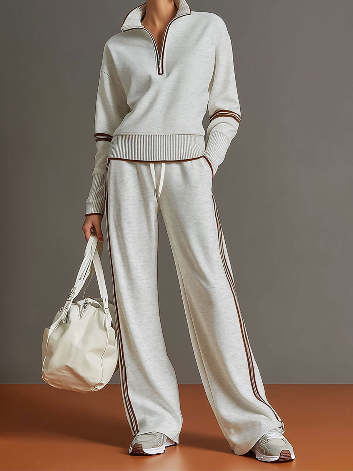 Quarter Zip Contrast Trim Pullover and Wide Leg Pants Two Piece Set