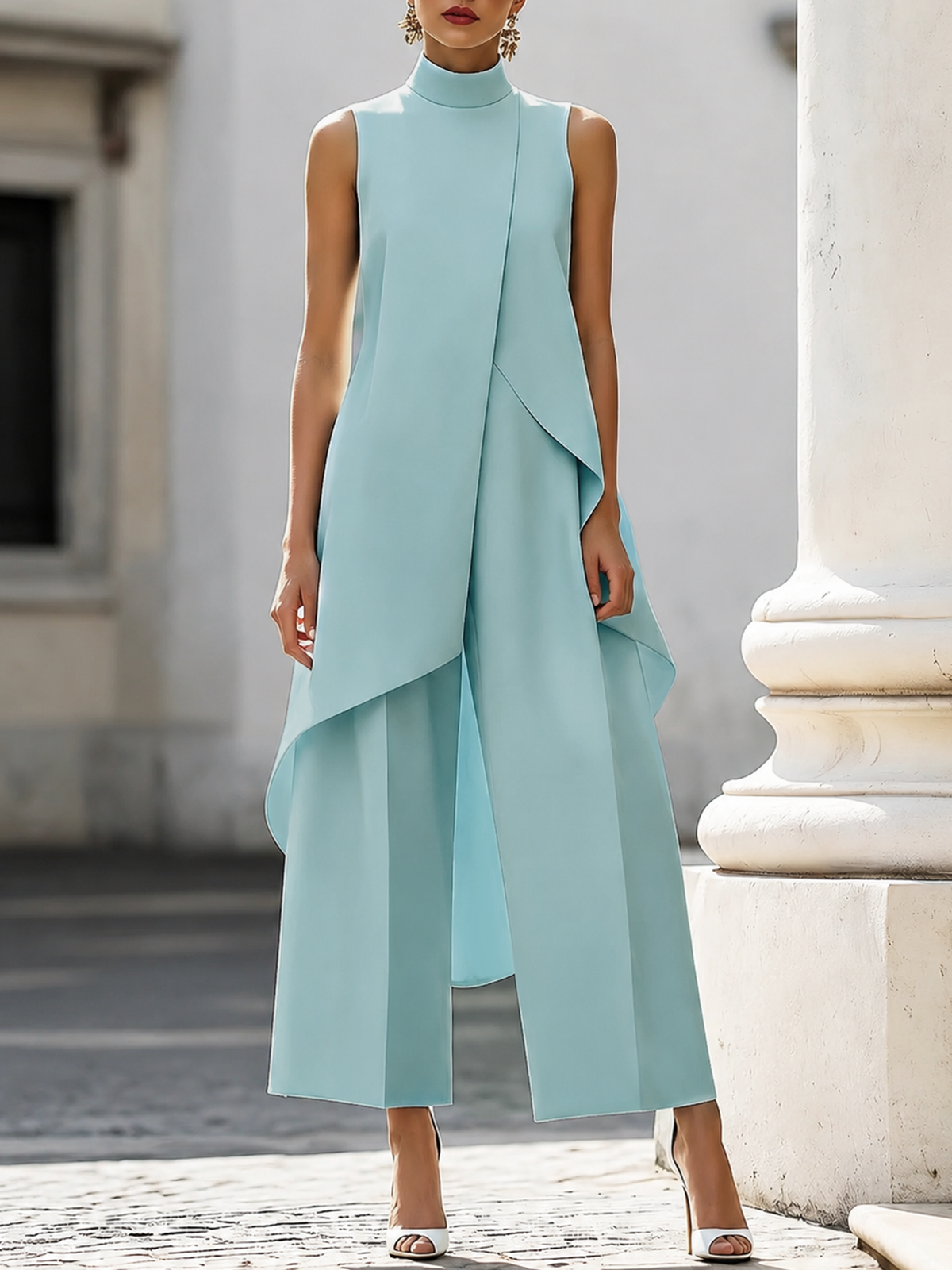 Sleeveless Mock Neck Draped Top and Wide Leg Pants Two Piece Set