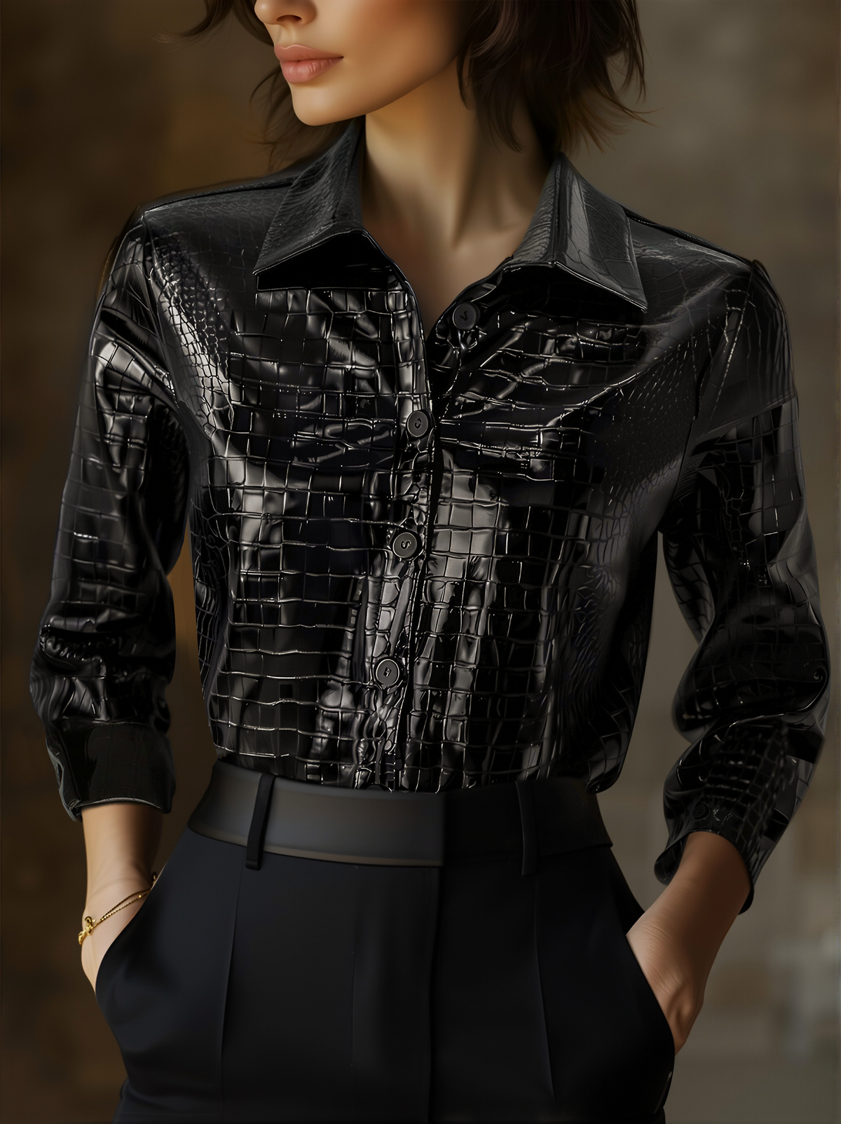 Crocodile Embossed Faux Leather Long Sleeve Shirt