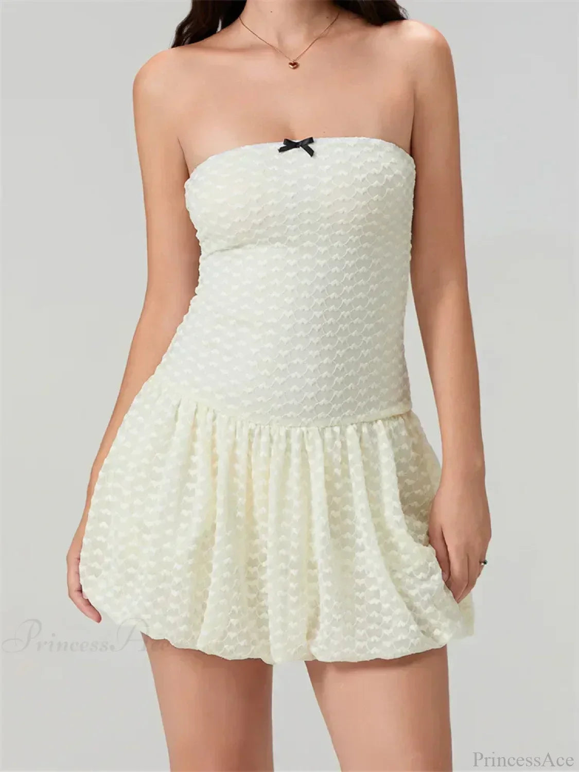 Strapless Textured Lace Bow Drop Waist Bubble Hem Mini Dress