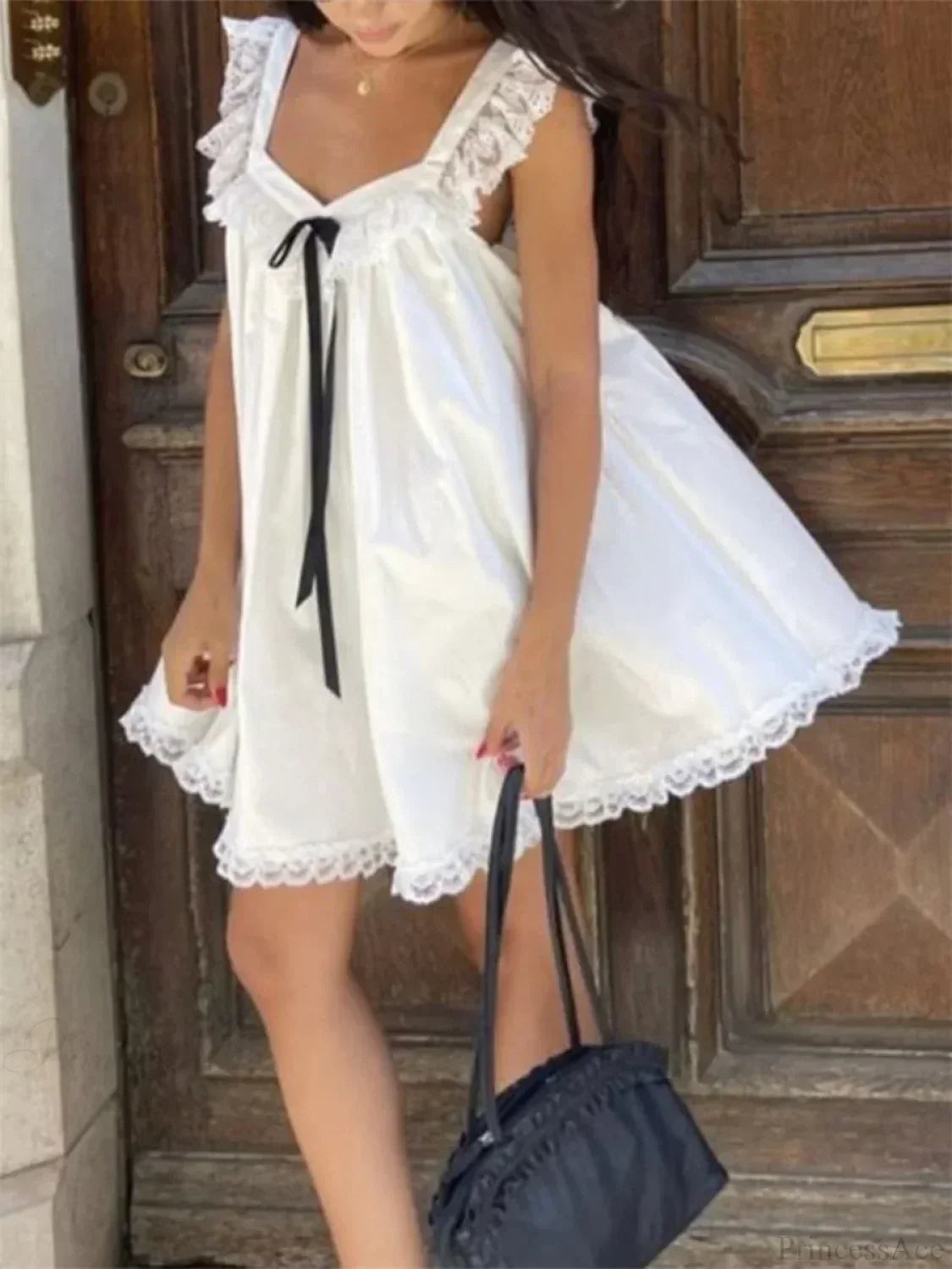 Lace Trim Ruffle Strap Bow Front Babydoll Mini Dress