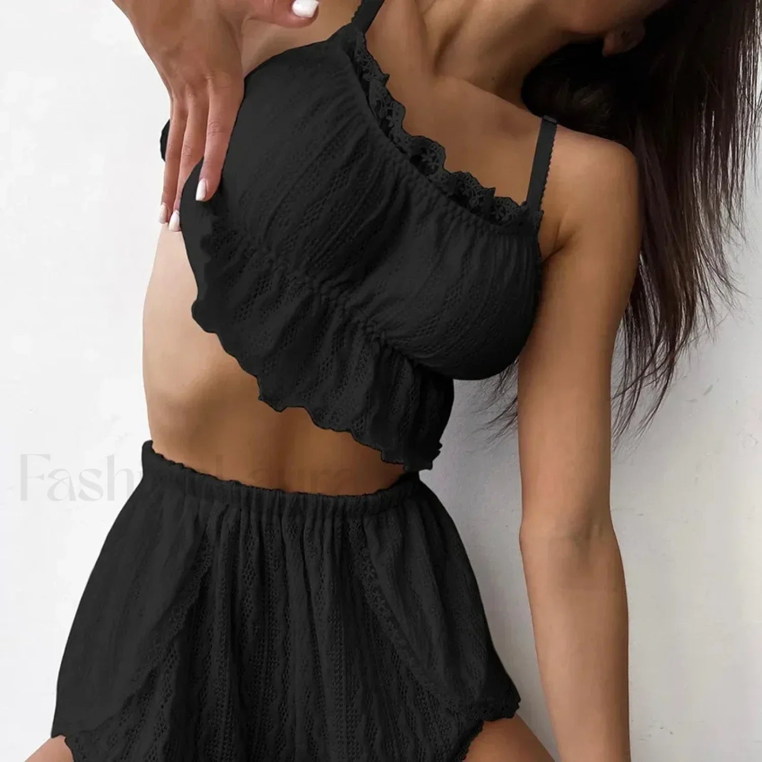 Lace Camisole Pajama Shorts Two Piece Set Black / S