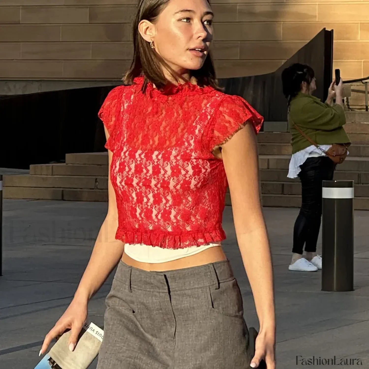 Lace Cap-Sleeve Mesh Crop Top