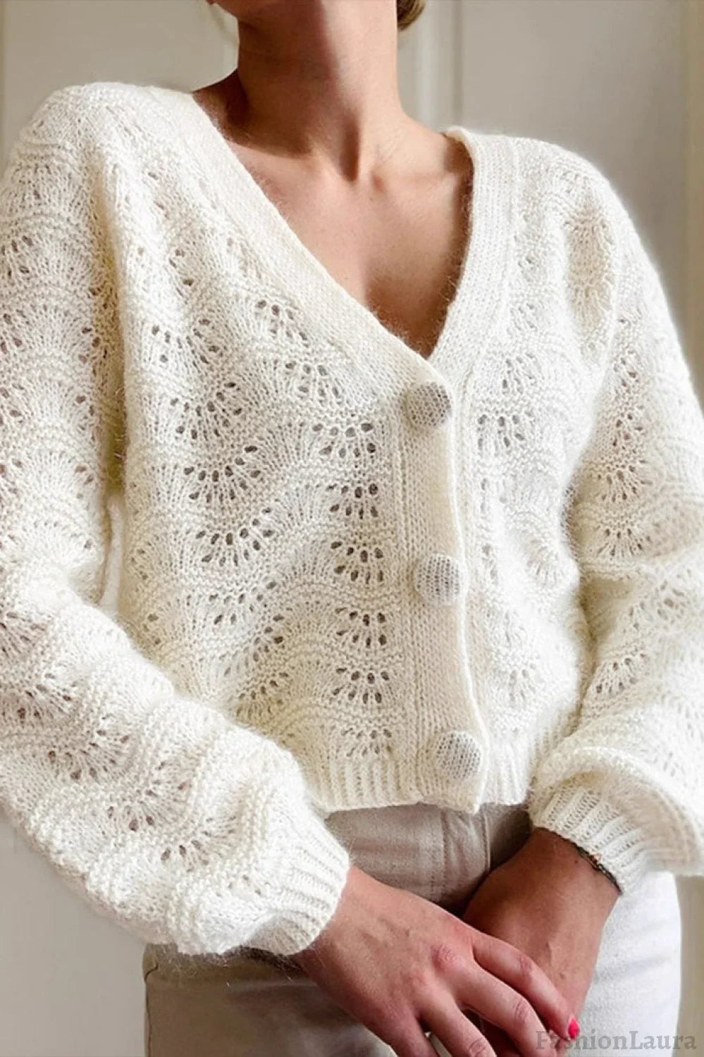 Lace Detail Long Sleeve Cardigan S / White