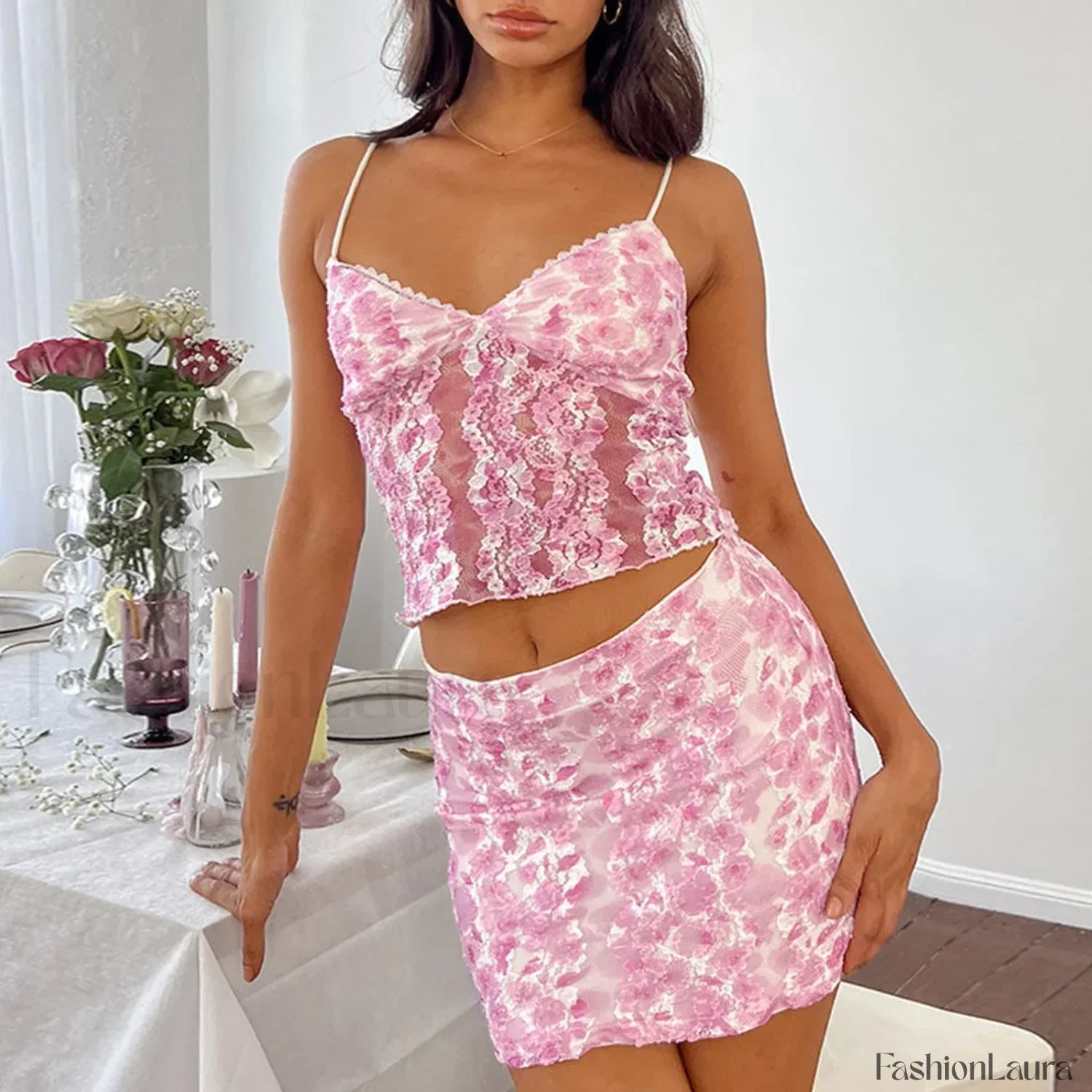 Lace Floral Mini-Set Crop Top