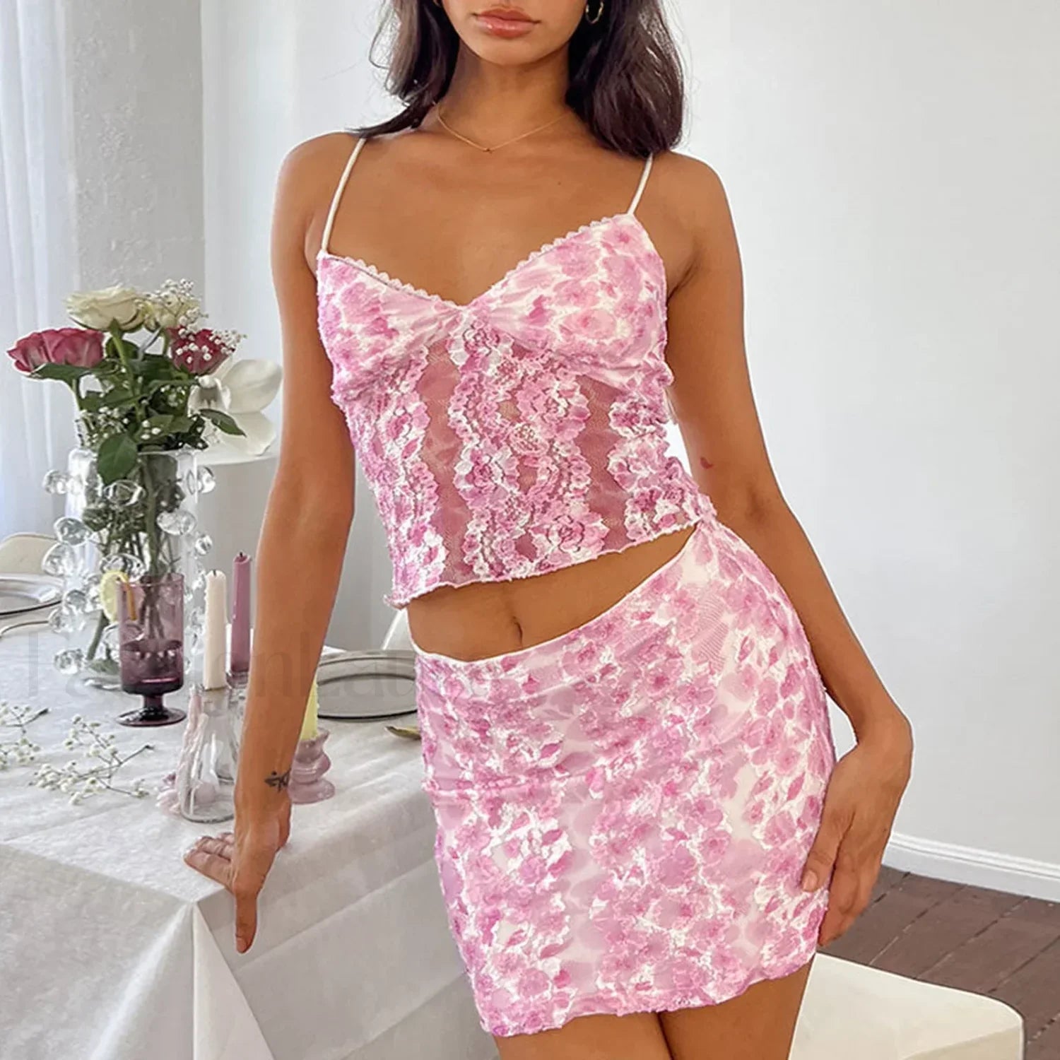 Lace Floral Mini-Set Crop Top