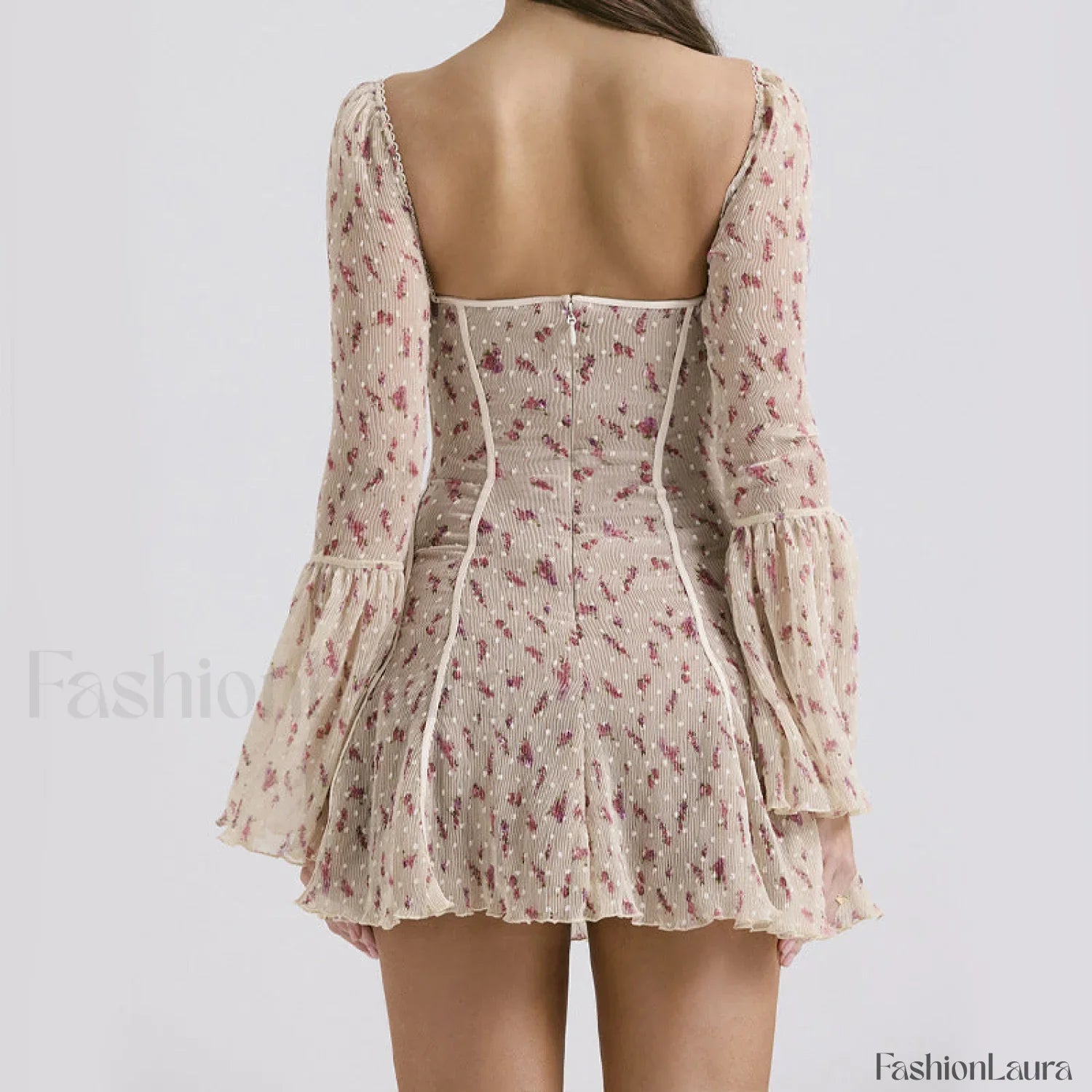 Lace French Light Luxury Flared Sleeve Fishbone Print Floral Dress