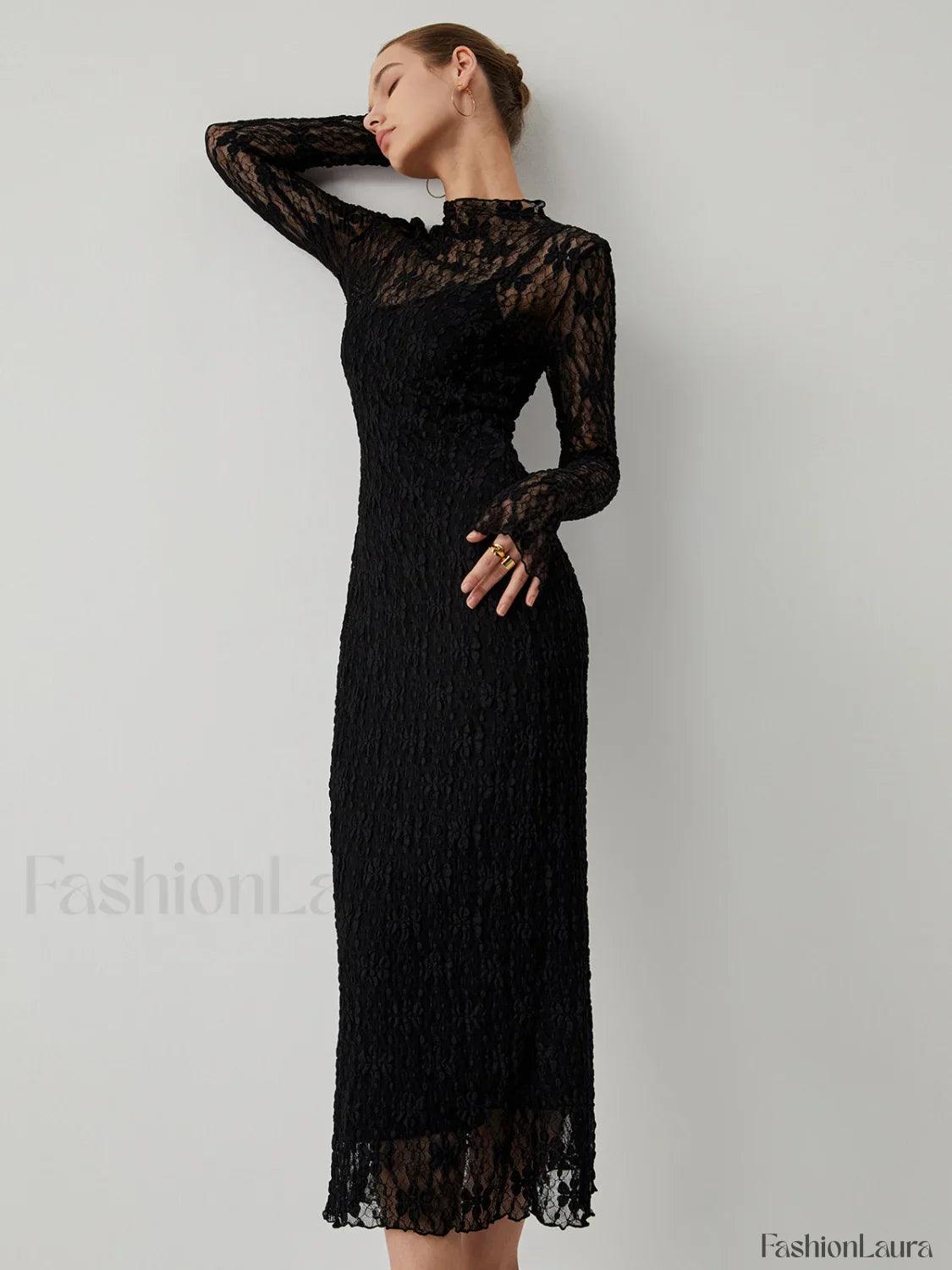 Lace Long Sleeve Trendy Mock Neck Maxi Dress