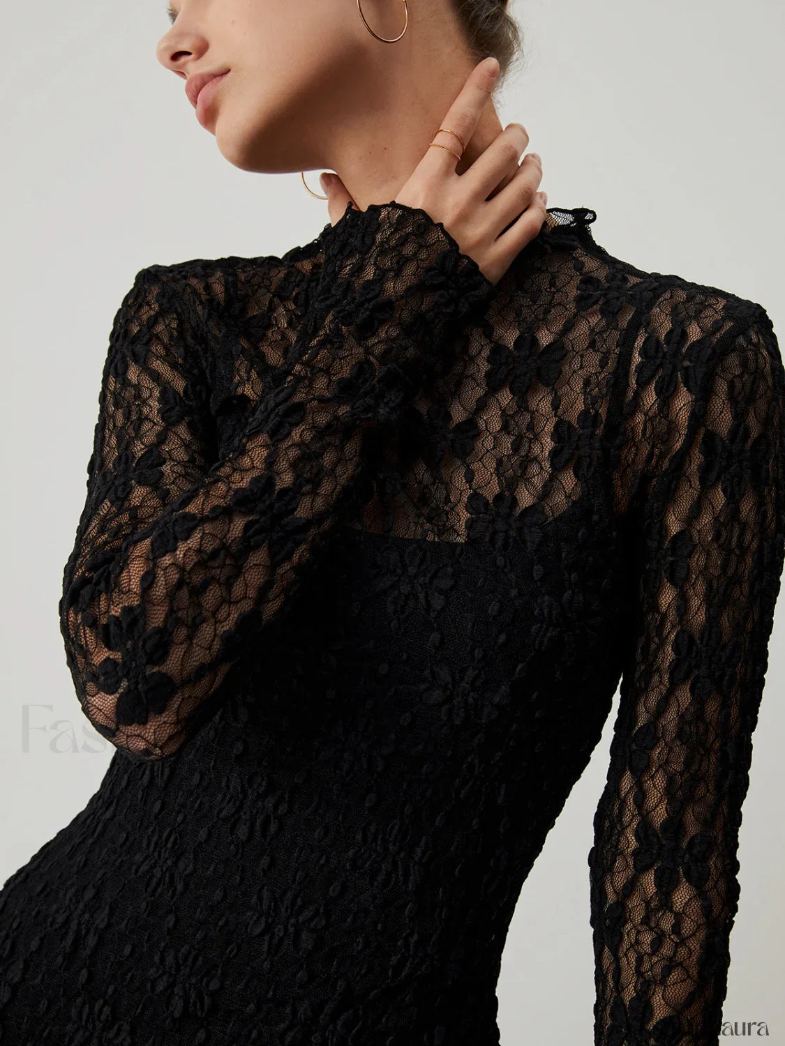 Lace Long Sleeve Trendy Mock Neck Maxi Dress