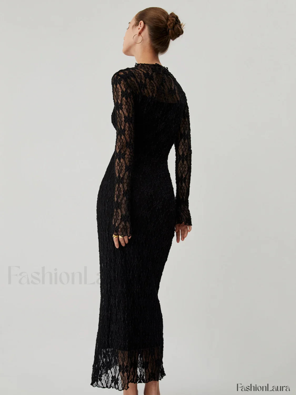 Lace Long Sleeve Trendy Mock Neck Maxi Dress